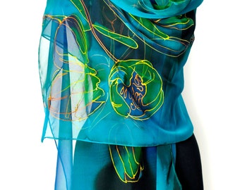 Hand Painted Silk Chiffon Scarf/Blue Flowers/Painting by hand Silk Chiffon Scarf/Exotic Blue Flowers/Long blue scarf/Luxury gift for woman