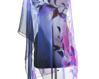 Blue hand painted silk chiffon scarf/Painting by hand sleeves/Woman luxury accessory/Long chiffon scarf/Gift for her/Painting by hand/S0212