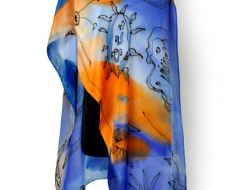 Blue and orange silk scarf/Hand painted long scarf/Woman beautiful accessory/Hand painted scarf/Painting luxury silk/Royal blue long scarf