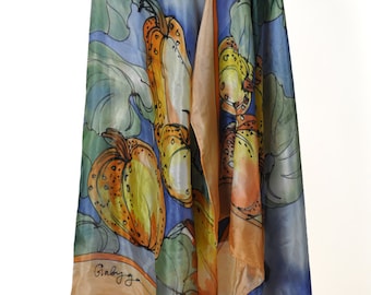 Painting silk shawl/Hand painted shawl/Pumpkins/Orange Blue shawl/Woman silk shawl/Painted on silk Pumpkins/Woman Painting Accessory/gabyga