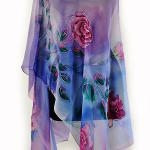 Handgeschilderde zijden chiffon sjaal, handgeschilderde rozen, lange blauwe sjaal, batik zijden sjaal, bruidsmeisje vrouw zijden chiffon sjaal, cadeau voor vrouwen