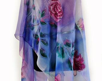 Hand Painted Silk Chiffon Scarf,  Hand Painted Roses, Long Blue Scarf, Batik Silk scarf, Bridesmaid Woman Silk Chiffon Scarf, Gift For Women