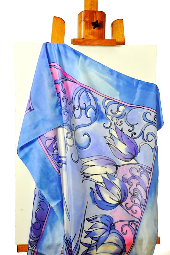 Hand-painted Silk Scarf: Blue Floral Square Scarf, Luxury