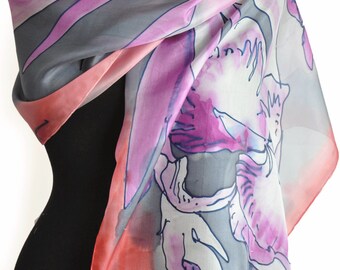 Hand painted silk Scarf Shawl Gray Orchids Painted silk scarf  Woman silk accessory Gray flowers Orhids Painted shawl Silk shawl Woman shawl