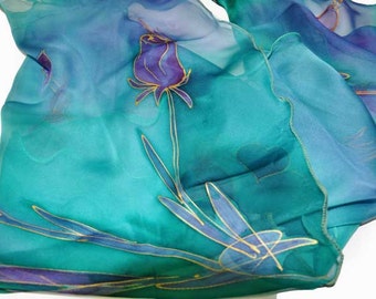 Hand-Painted Blue Floral Silk Scarf, Woman Art Shawl