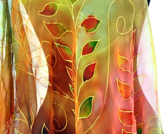Hand Painted Silk Scarf, Painted leaves, /Hand painted silk/Woman scarf/Painting scarf/Painting silk shawl/Luxury silk scarf made by /S0030