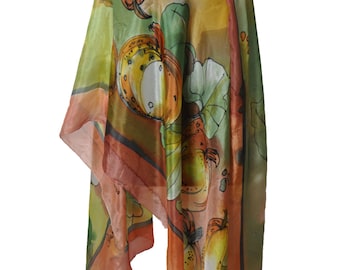 Silk Hand Painted Shawl, 100% Hand painted silk shawl, Painting silk Pumpkins, Woman shawl, Gifts For Women, Woman Silk Scarf, Bridal Scarf