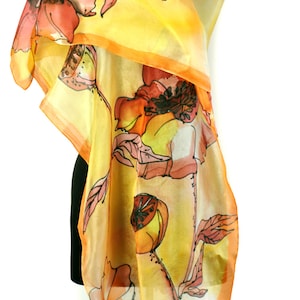 Handbemalter Seidenschal: Orange & rote Mohnblumen, Luxus-Accessoire