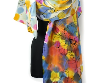 Hand Painted Silk Scarf with Butterflies, 100% Natural  Long Shawl for Women