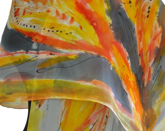 Long Silk Scarf Hand Painted, Abstract Leaves Yellow Shawl