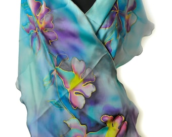 Hand-Painted Silk Scarf, Exotic Blue Floral Shawl, Luxury Wrap for Women , Gift for Christmas