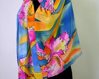 Bufanda de seda pintada a mano, chal largo floral, azul y amarillo para mujer