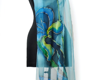 Hand Painted Silk Scarf – Blue Iris Silk Shawl, Elegant Floral Silk Wrap