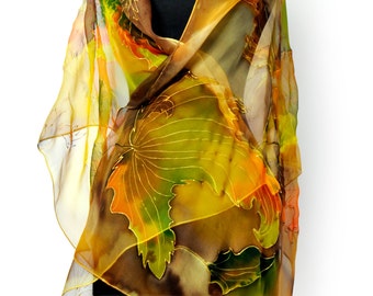 Hand-Painted 100% Silk Scarf,  Autumn Orange Leaves Shawl, Chiffon Long Wrap