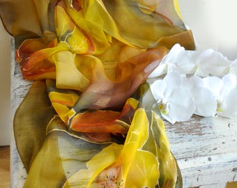 Brown yellow silk chiffon scarf/Hand painted silk scarf/Woman long silk scarf/Floral silk chiffon scarf/Gift for woman/Painting silk/S0225