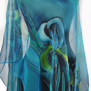 Blue Hand Painted Silk Scarf, Long Blue Silk Scarf, Hand Painted Silk Scarf, Floral Scarf, Gift for Mother, Bridal Present, Birthday Gift