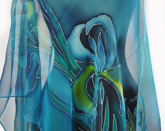 Handgeschilderde blauwe zijden sjaal met bloemen: lang chiffonaccessoire