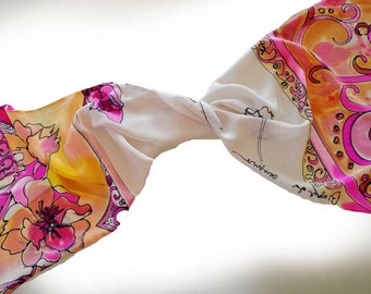 Painted silk skarf Abstract Flowers Scarf Yellow Pink White Hand Painted Silk Woman silk scarf Woman accessorie Painted by hand Flowers