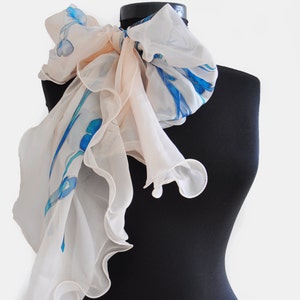 Hand Painted Silk Chiffon Scarf: Blue Floral Accessory