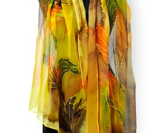 Orange and yellow leaves/Hand painted chiffon scarf/Woman luxury long scarf/Silk Gift/Autumn scarf/Beautiful leaves painting by hand/S0176