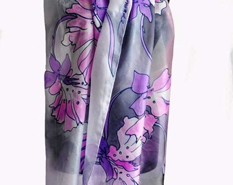 Hand painted silk scarf/Floral scarf/Painted Silk scarf/Floral Woman silk scarf/Woman accessory/Orhids in gray/ Painting silk scarf/S0054