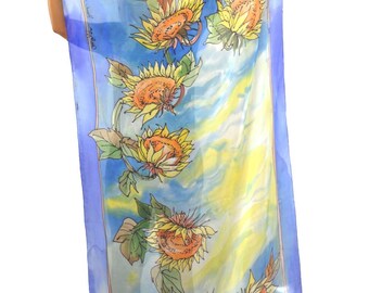 Hand Painted Silk Scarf with Yellow Sunflowers, Blue Sky Floral Wrap, Artistic Large Shawl, Luxury Gift for Women, Exotic Sunflower Shawl