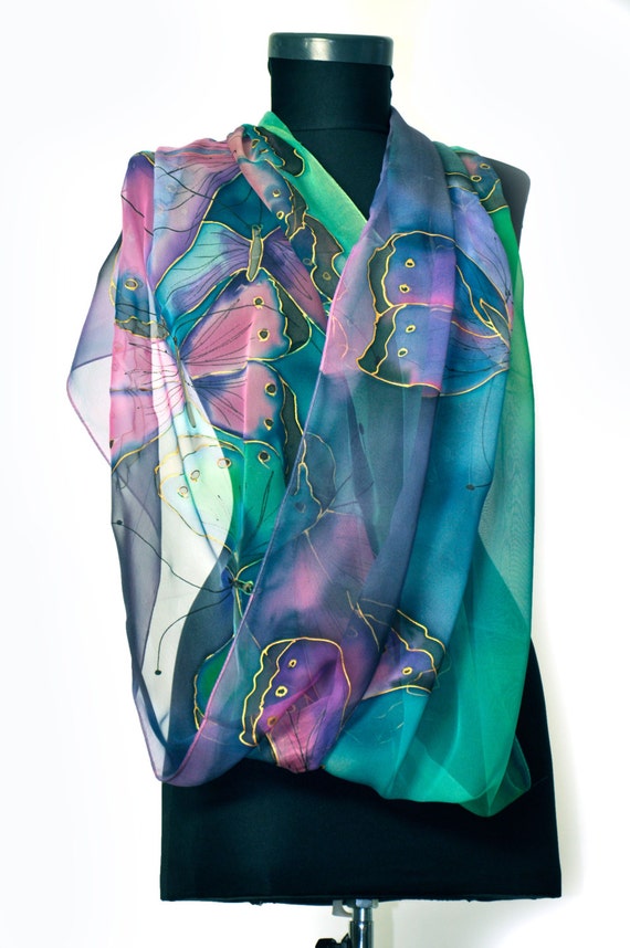 Hand-Painted Silk Scarf, Blue Green Butterfly Shawl, 100% natural Silk Scarf, Pink Green Painted Butterflies, Long Silk Wrap, Summer Scarf