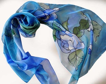 Blue roses /Hand painted silk scarf /Painted silk scarf /Blue flowers painted by hand/Woman silk scarf/Exotic painted silk scarf/gabyga