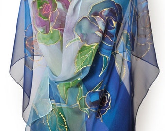 Hand painted silk Chiffon Scarf,Woman Scarf, Blue Painted by Hand Scarf, Handpainted silk, Luxury Scarf, Gift for Woman, Accessory, S0012