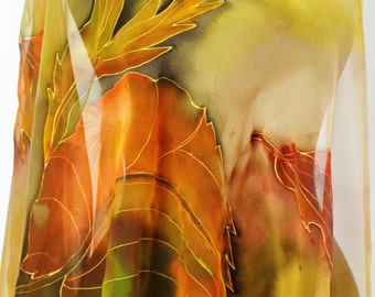 Hand painted silk shawl/Painted leaves/Hand painted silk chiffon/Woman scarf/Long scarf/Luxury Silk scarf made by /S0028