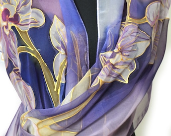 Hand painted silk chiffon scarf/Purple flowers/Painting by hand Orchids/Luxury gift for woman/Floral scarf/100% silk chiffon scarf/S0017