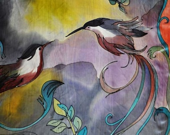 Hand-Painted Silk Scarf, Hummingbird Art Shawl, Luxury Gift