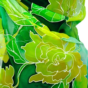 Hand painted silk scarf/Green yellow flowers/Painting chiffon scarf/Green flowers painting by hand/Luxury gift for women&#39;s/Long silk scarf