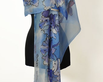 Hand Painted Blue Silk Scarf with Orchids, Long Silk Scarf 180x50 cm, Hand Hemmed Silk Shawl, Artistic Gift for Women