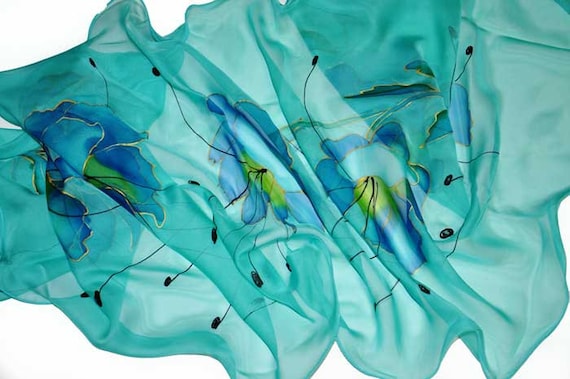 Blue Handpainted Silk Scarf/hand Painted Chiffon Scarf/blue