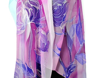Hand-Painted Silk Chiffon Scarf: Purple Violet Flowers, Luxury Accessory