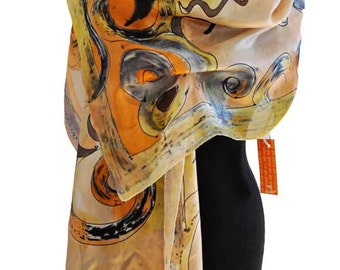 Hand painted silk csarf/Beige Yellow silk scarf/Woman accessory/Painting on Silk/Beige Hand painting scarf/Woman luxurygift/long scarf/S0071