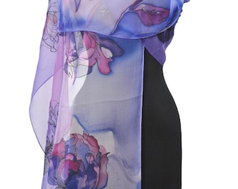 Hand Painted Scarf with Flowers,  Purple Silk Wrap, Women shawl