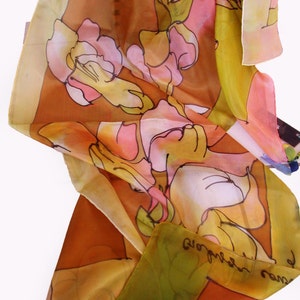 Hand Painted Silk Scarf/ Hand Painted Silk Scarf/ Woman Luxury Gift/ Woman Accessory/ Silk floral scarf/ Painting by hand, Silk Shawl S0223 image 2