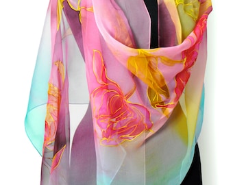Hand painted silk chiffon scarf/Painting flowers/Long chiffon scarf/Luxury woman gift/painting red and yellow flowers/Woman accessory/S0153