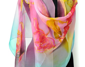 Hand Painted 100% Silk Scarf, Lightweight Shawl, Elegant Boho Art