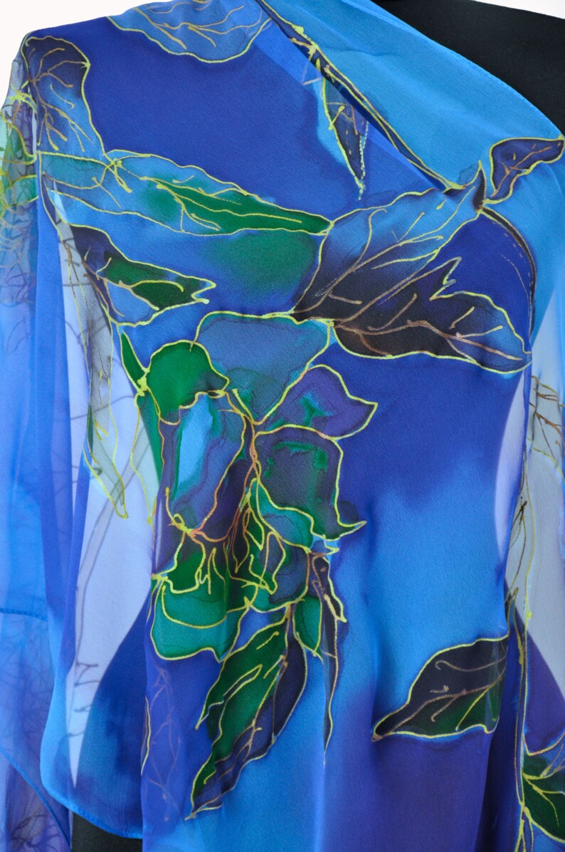 Hand Painted Silk Scarf/painting Silk/blue Floral Silk Chiffon Scarf