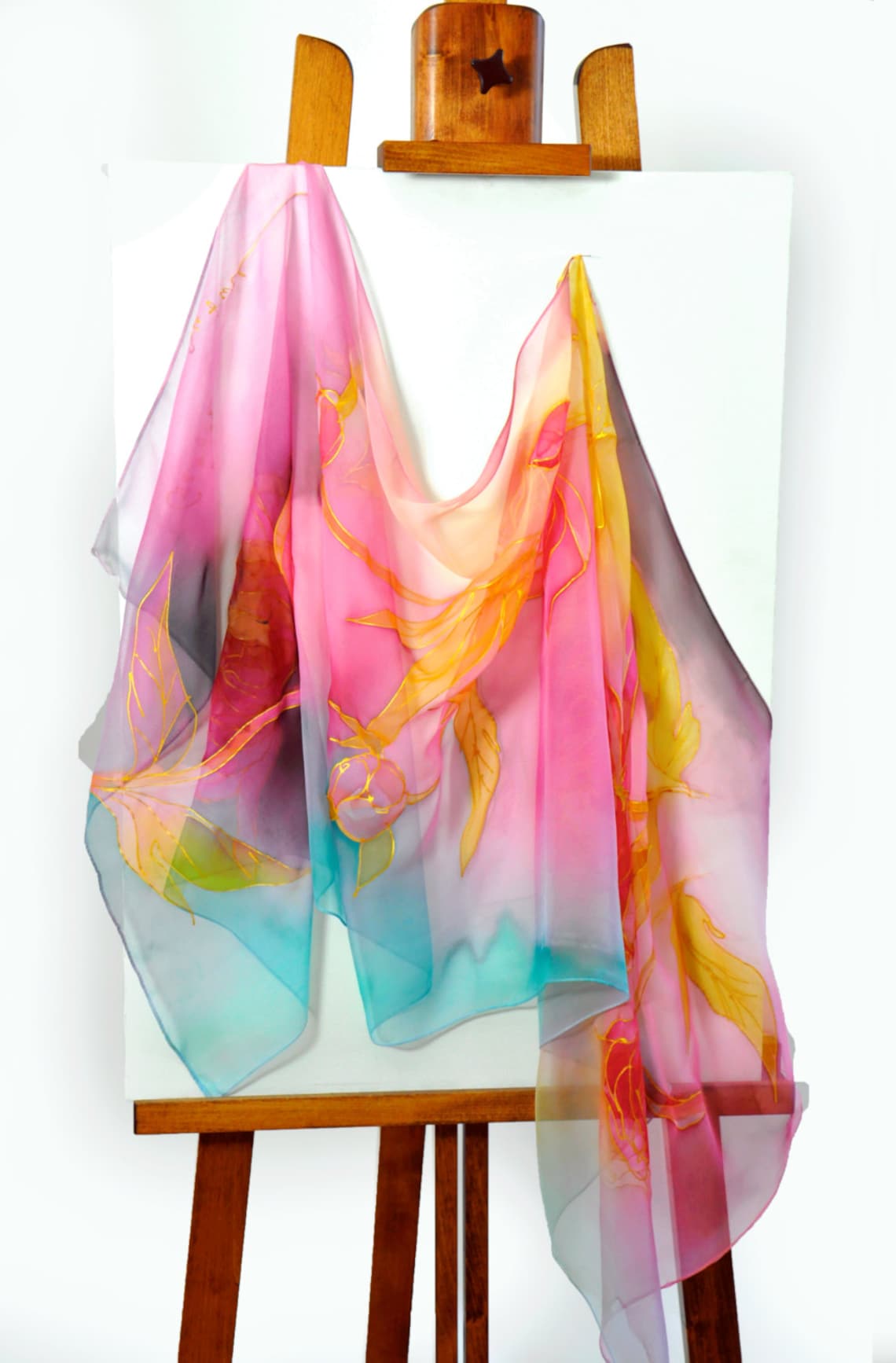 Hand Painted Silk Chiffon Scarf/painting Flowers/long Chiffon Scarf
