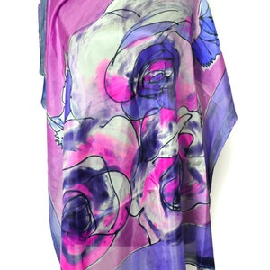 Hand-Painted Silk Scarf – Abstract Roses in Pink & Blue | Square 100% Silk Scarf | Floral Gift for Her | 90x90 cm
