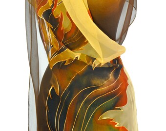 Hand Painted Silk Scarf with Leaf Design, Women Wrap
