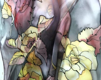 Luxury Hand Painted Silk Scarf, Wedding Wrap, Wearable Art, Floral Scarf, Christmas Gift for Her
