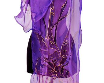 Hand painted Silk Scarf/Painting by Hand Violet Flower/Floral Silk Chiffon Scarf/LUXURY Silk Chiffon Scarf/Painting scarf Long ShawlS0151