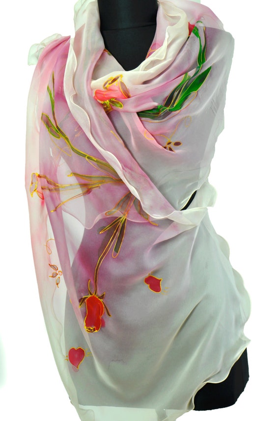 Hand Painted Silk Scarf White Roses – Floral Chiffon Shawl 