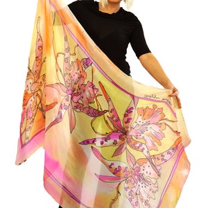 手描きシルクスカーフ：エキゾチックな蘭の花柄ショール
