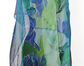 Lenço de chiffon de seda azul com estampa floral pintada à mão: longo e leve.